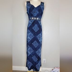 Batonga Vintage Blue Maui Hawaiian Hostess Long Sleeveless Maxi Dress Sz Medium